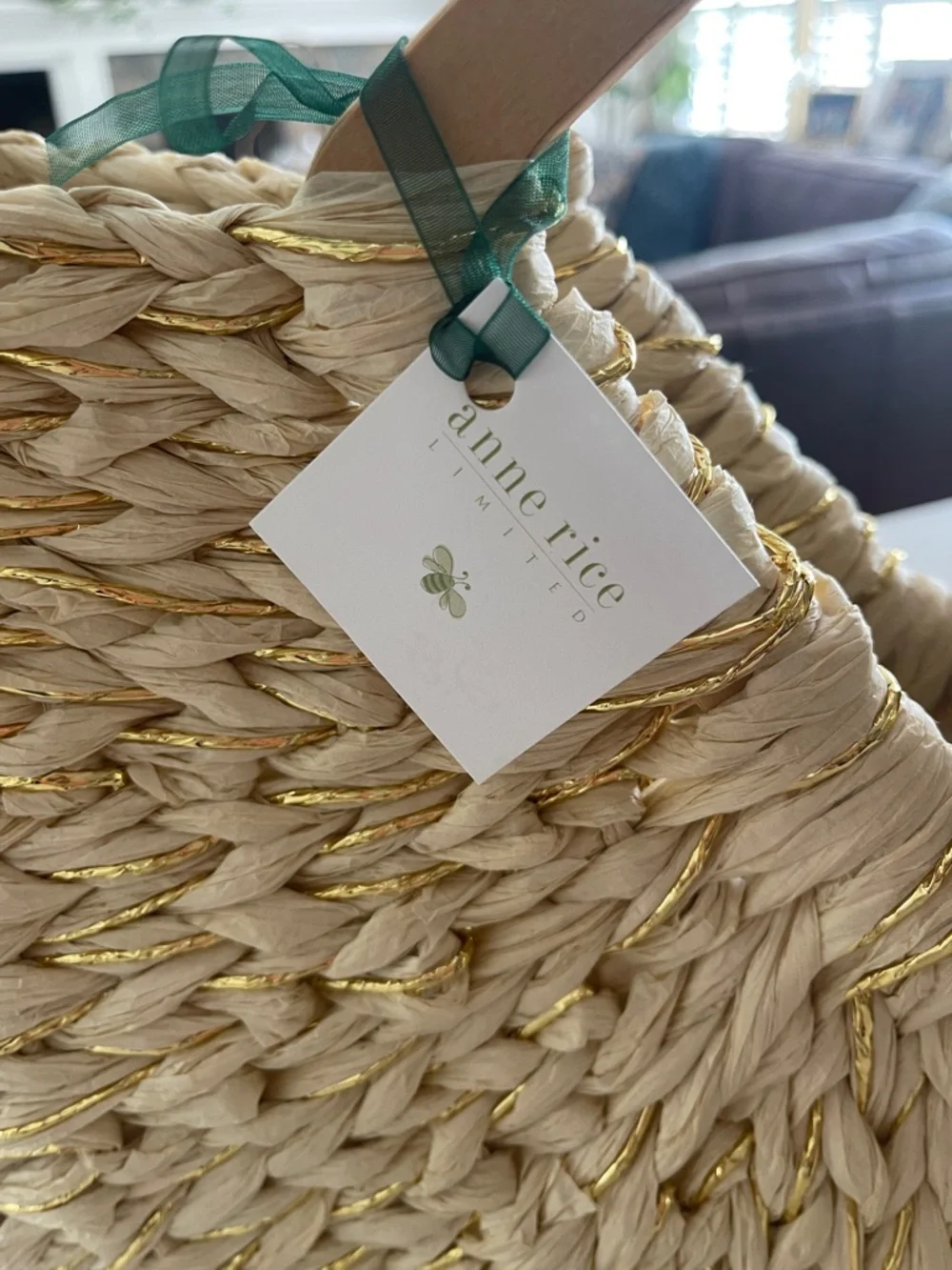 Woven Crescent Tote Bag with Wooden Triangle Handles - Natural/Gold - Picture 3 of 4